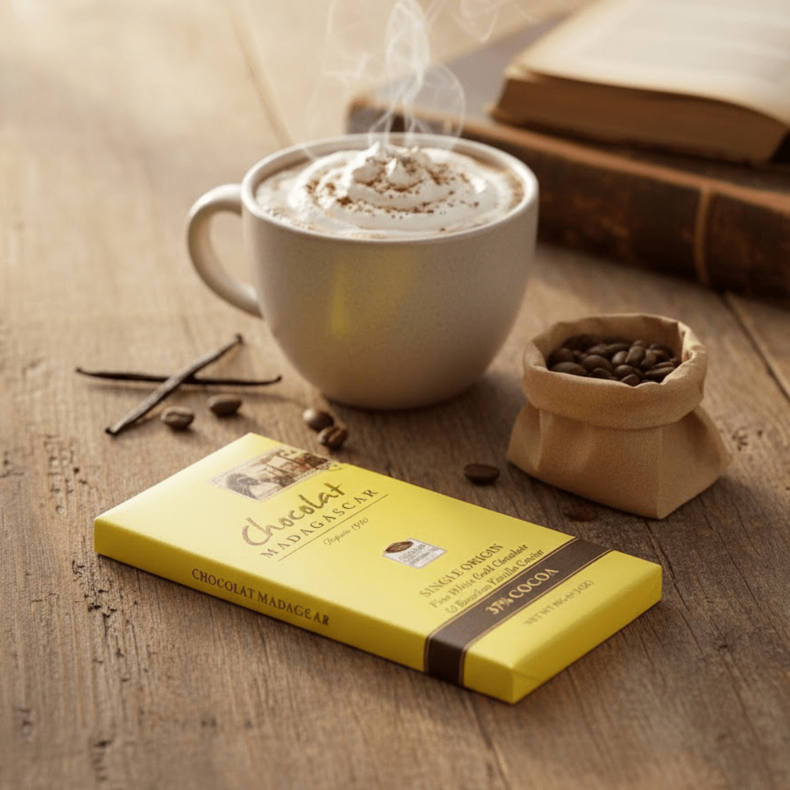 Authentic Madagascan Chocolate Bar (37% Cocoa) in Signature Yellow Packaging, styled for a cozy winter lifestyle shoot. The single-origin bar is placed on a rustic wooden table with a steaming mug of hot cocoa, suggesting a moment of high-quality, expert-selected indulgence. Ideal for gourmet food retailers in [Czech Republic] seeking luxury product imagery.